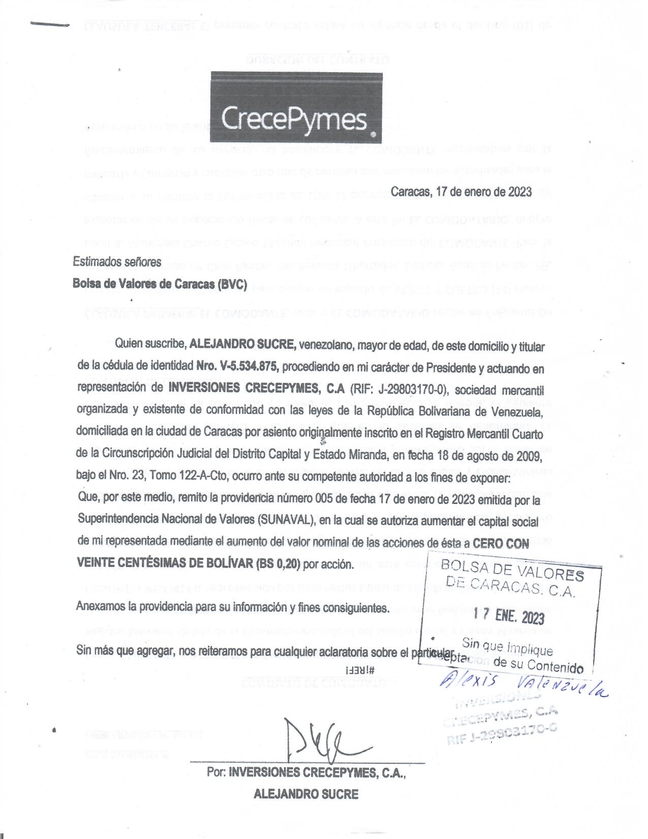 BVC INVERSIONES CRECEPYMES CA AJUSTE DEL VALOR NOMINAL DE LAS ACCIONES
